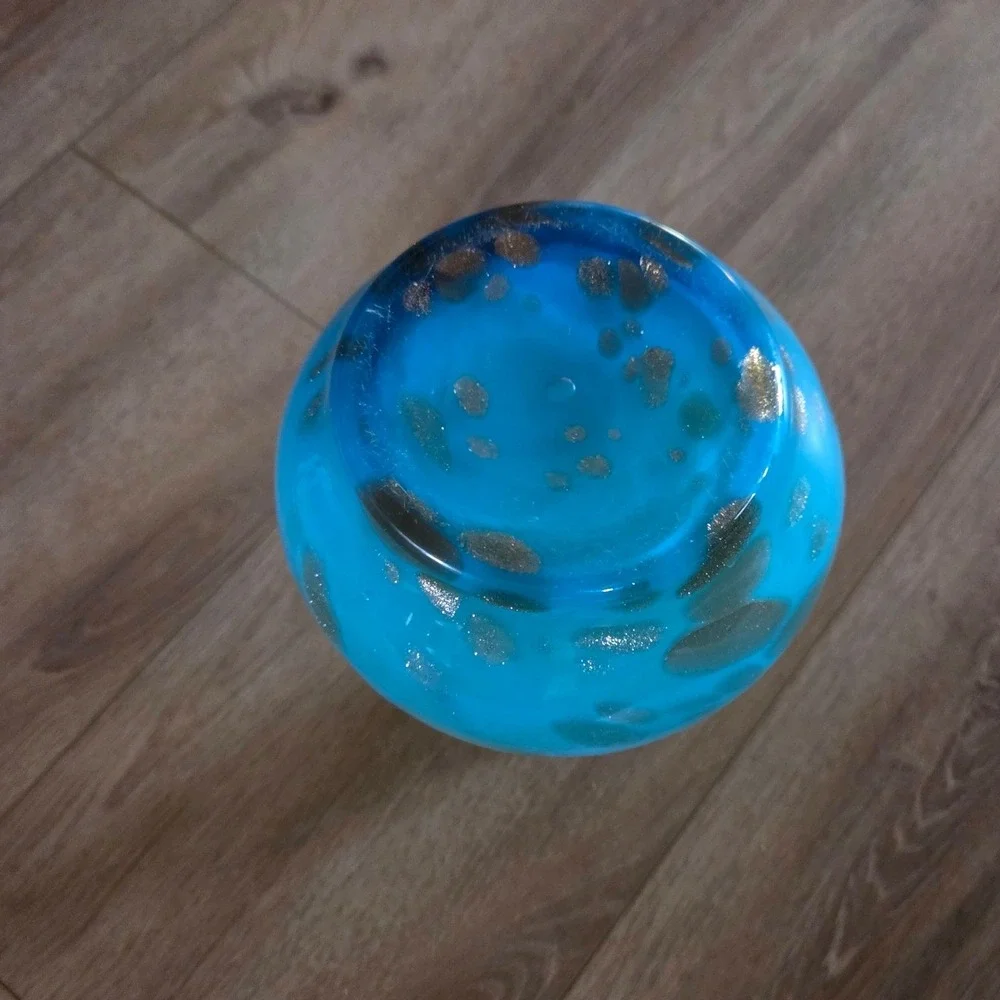 MCM Turquoise Blue Blown‎ Glass Vase Metallic Gold Drips Art Glass